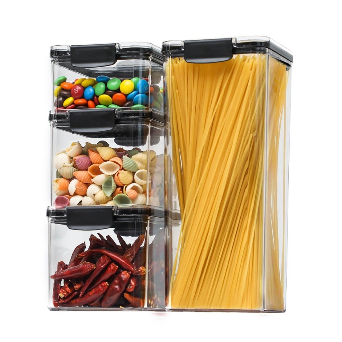 Set 4 Recipiente din Plastic, Flippy, pentru Alimente/Obiecte, Inchidere Ermetica, 1 x 460 ml, 2 x 700 ml, 1 x 1300 ml, Transparent