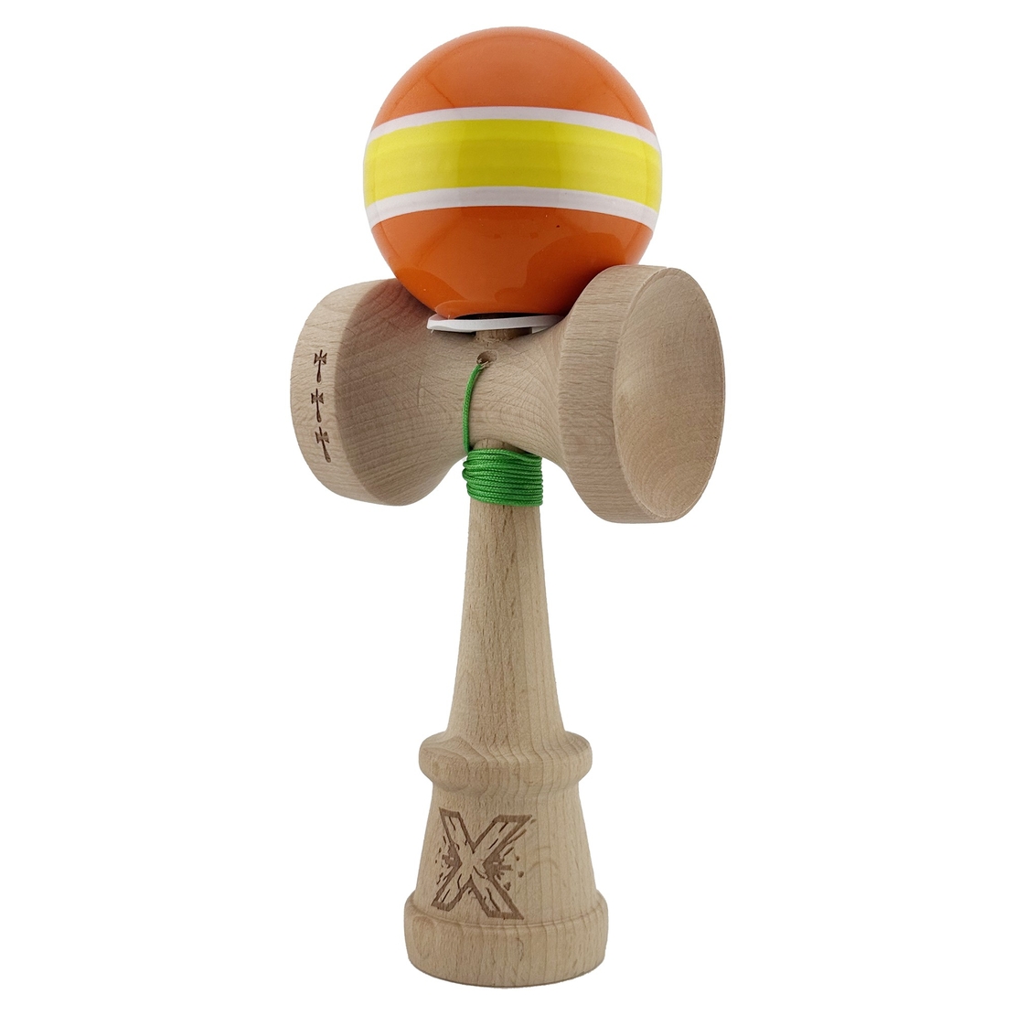 Kendama X Originala, Profesionala, Flippy, Super Sticky cu Cupe Mari KING SIZE V3, Gaura in Baza, Rulment Metalic, din lemn 18 cm, Ata 62/65 cm, Special Portocaliu/Galben