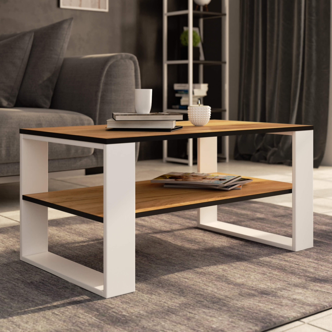 Masuta cafea ALEX cu raft inferior, PAL laminat, 92x53x45 cm, stejar craft si alb