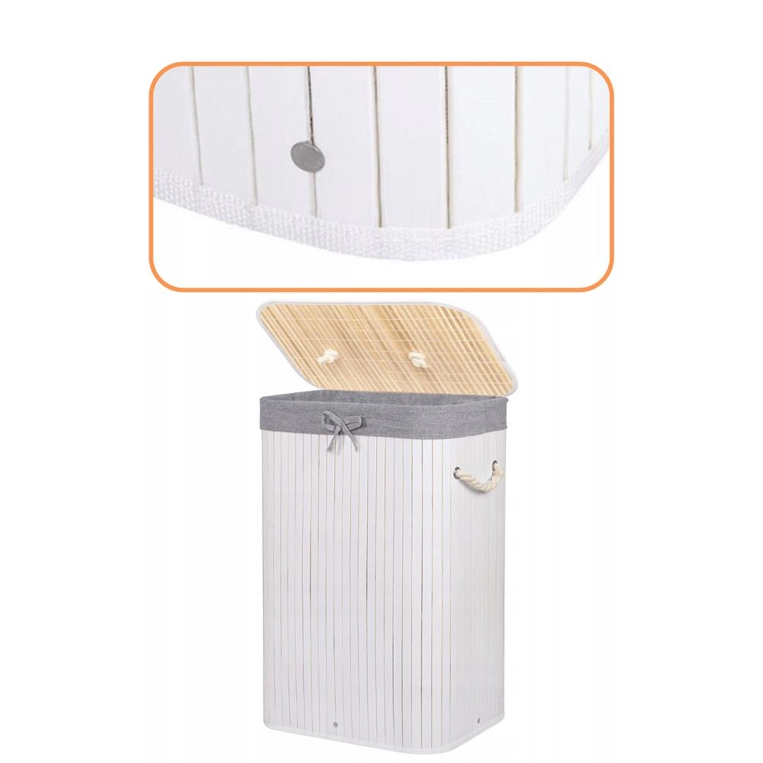 Cos de rufe cu capac, din bambus cu sac textil detasabil, 72 litri, 40x28x60 cm, alb si gri