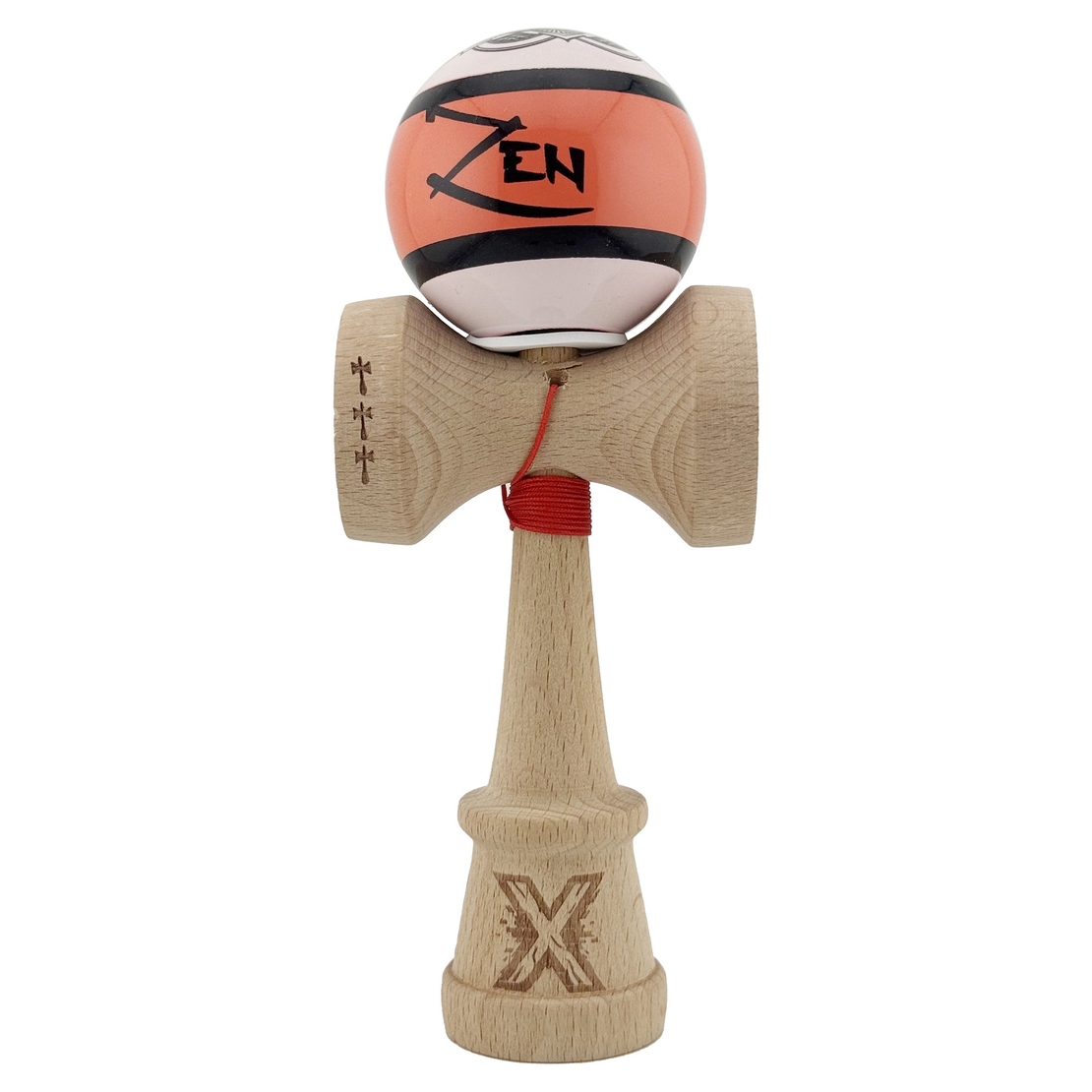 Kendama X Zen Series Originala, Profesionala, Flippy, Cupe Mari KING SIZE V3, Super Sticky, Gaura in Baza, Rulment Metalic, din lemn 18 cm, Ata 62/65 cm, Coral