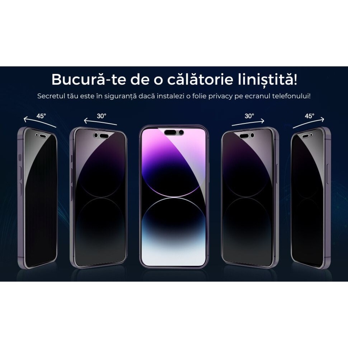 Folie Sticla Securizata, Vafy, Pentru Apple iPhone 16 Pro, Privacy Classic, 2.5D, Confidentialitate 30°, Negru Transparent