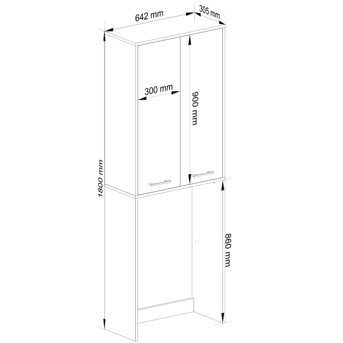 Dulap de baie cu 2 usi si 4 rafturi, pentru spatiul de deasupra masinii de spalat, 64x30x180 cm, alb si grafit