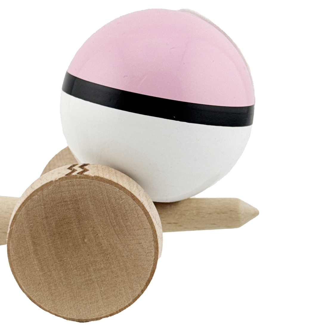 Kendama X Originala, Profesionala, Flippy, Gravata cu Cupe Mari V2, Super Sticky, Gaura in Baza, Rulment Metalic, din lemn 18 cm, Ata 55 cm, Roz/Negru/Alb