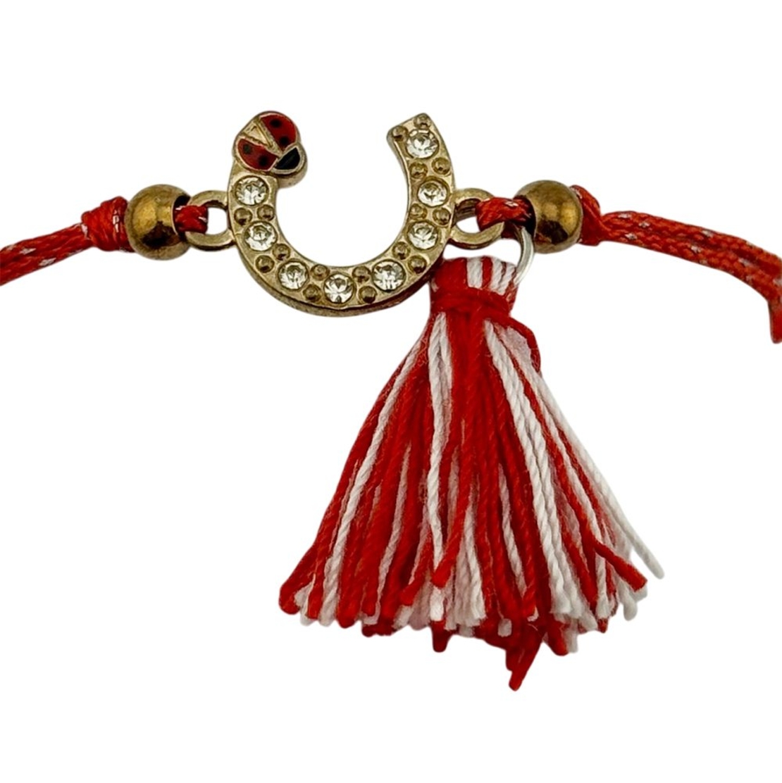 Martisor Bratara cu Ciucure pentru Dama, Jolie, Model Potcoava Buburuza, Set 12 bucati, Pandativ din Inox cu Pietre, Snur Reglabil, Rosu/Alb