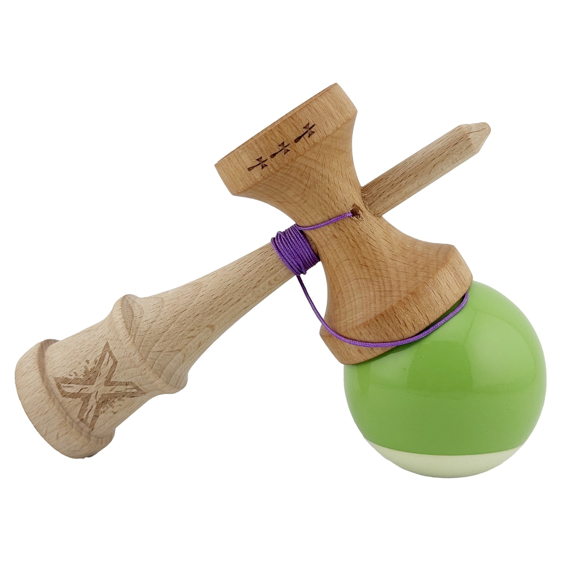 Kendama X Originala, Profesionala, Flippy, Big Cups V2, Super Sticky cu Cupe Mari, din lemn 18 cm, Rulment Metalic cu Ata 55 cm, Verde deschis/Alb