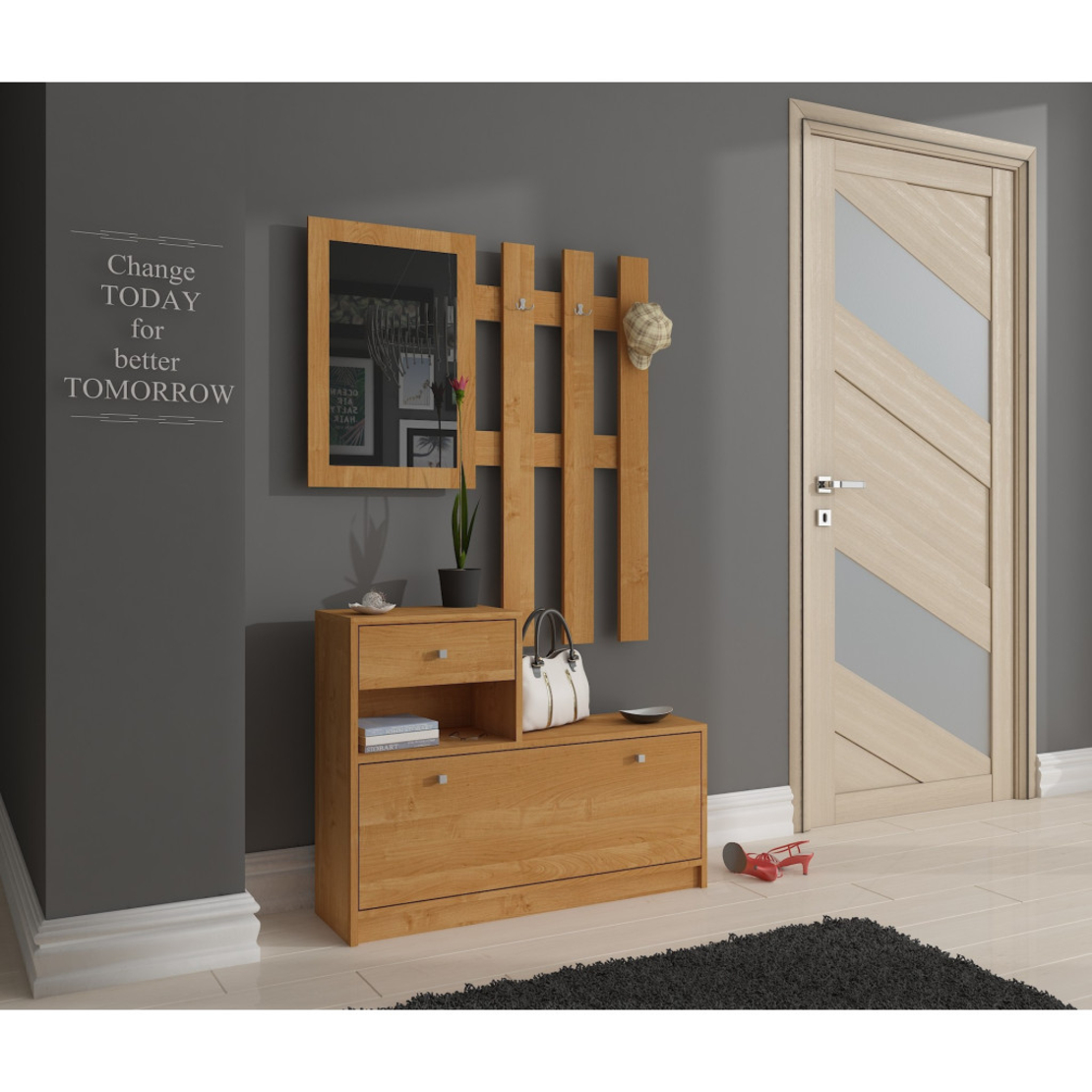 Set mobilier hol cu pantofar, oglinda, sertar si cuier metalic, PAL laminat, 90x25x170 cm, maro arin