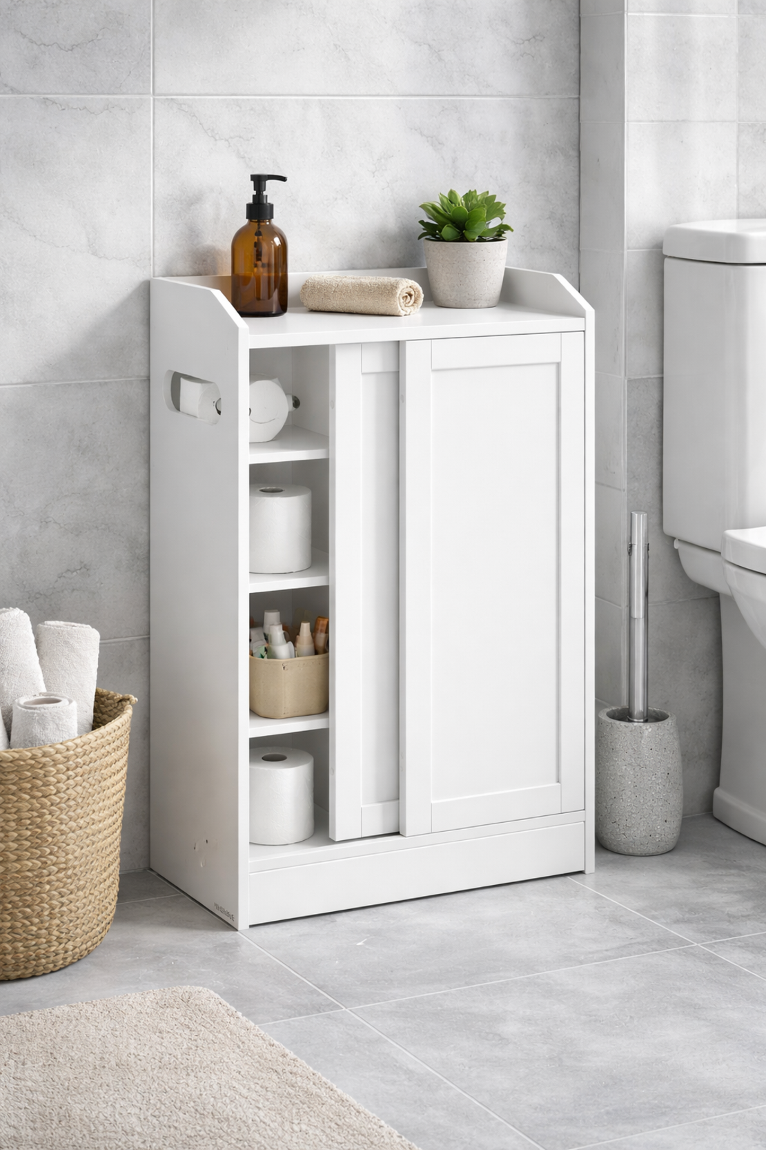 VASAGLE Dulap baie ingust, cu suport hartie igienica si compartiment perie WC, usi glisante, rafturi reglabile, 20x60x80 cm, alb