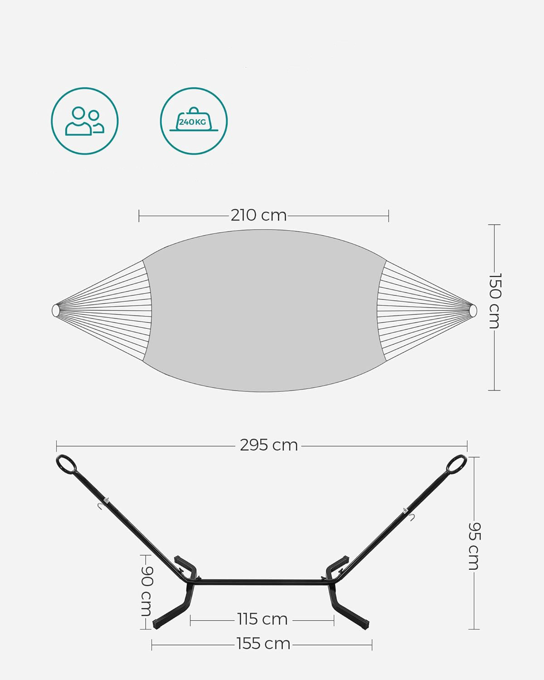 SONGMICS Hamac cu cadru metalic, reglabil la 5 inaltimi, maxim 240 kg, 300x90x95cm, gri