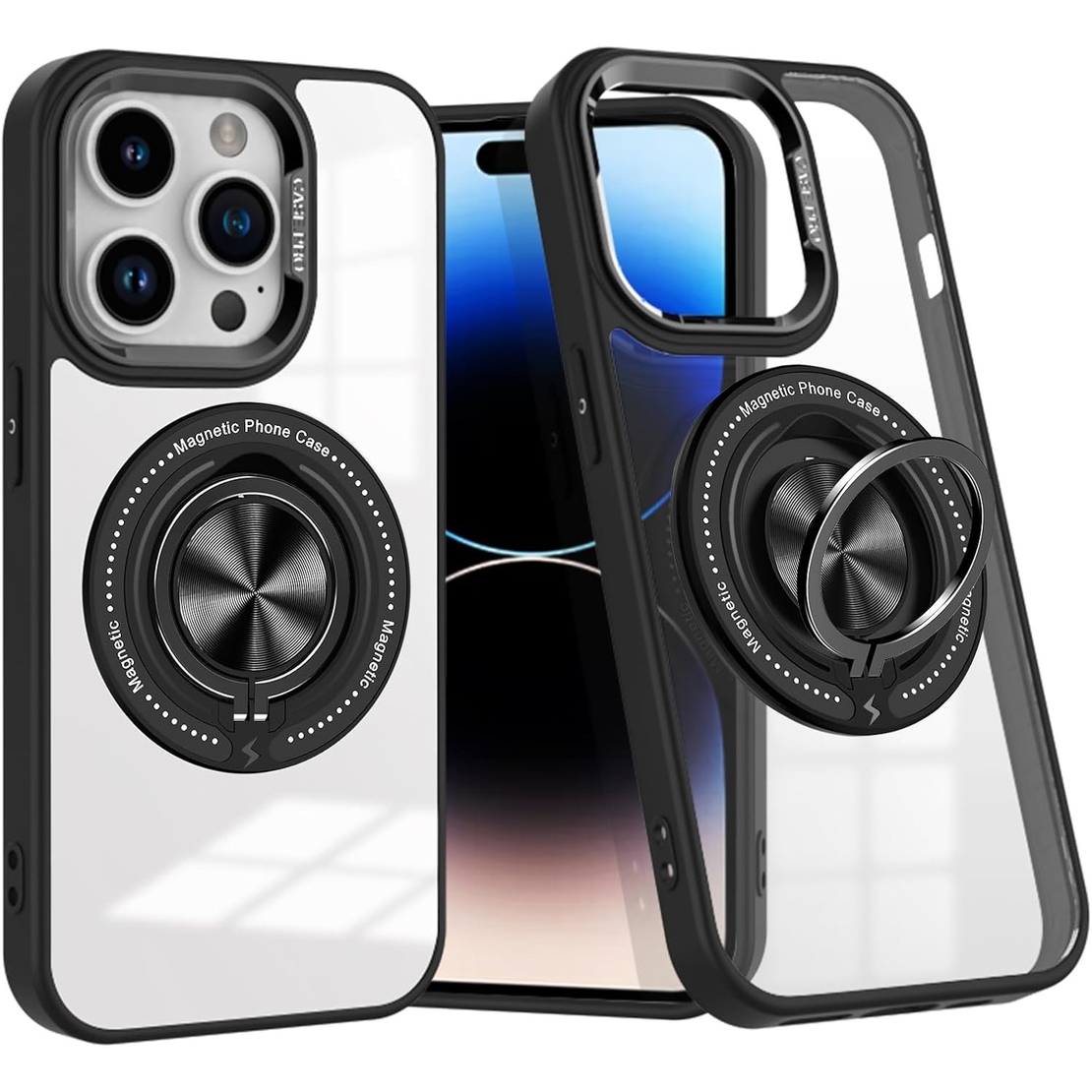 Husa de Protectie TPU, Vafy, pentru iPhone 16 Pro Max, Anticadere, cu Incarcare Wireless, Tehnologie Magsafe, Inel Magnetic Rotativ cu Functie de Suport, Transparent-Negru