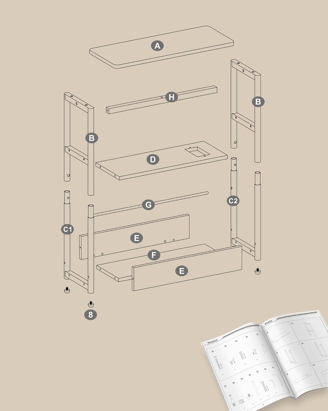 VASAGLE Masuta ingusta cu priza si porturi de incarcare USB, 3 rafturi, 45x18x58 cm, alb crem