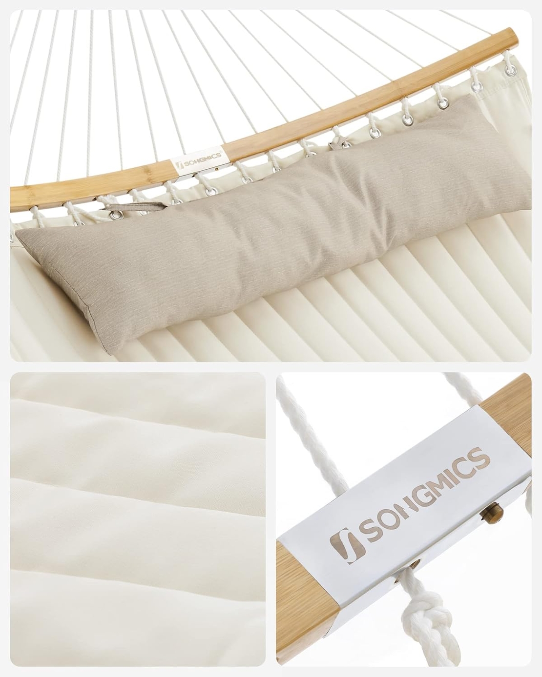 SONGMICS Hamac dublu cu bare curbate din bambus, perna inclusa, maxim 225 kg, 200x140 cm, crem