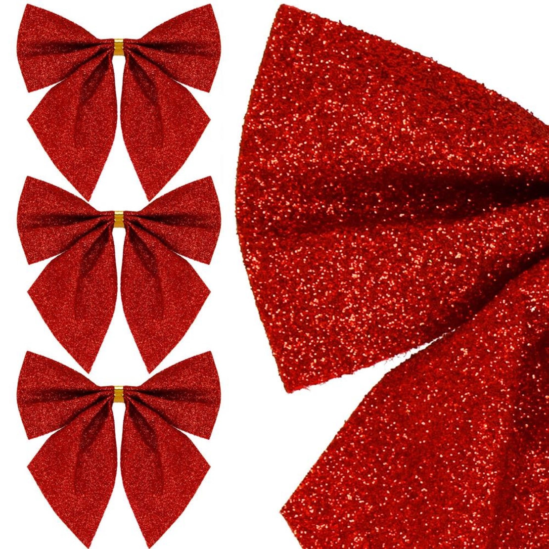 Set 3 ornamente pentru bradul de Craciun, fundita, 11cm, rosu