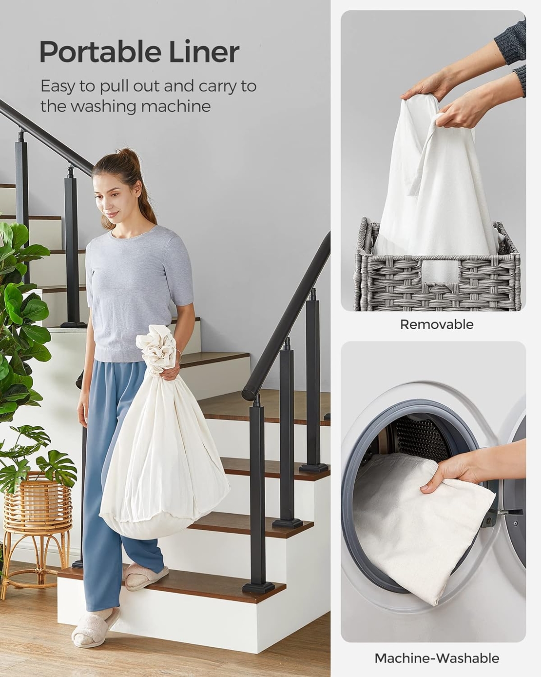SONGMICS Cos de rufe tesut manual, cu captuseala detasabila lavabila, 3 compartimente, stil ratan, 140 litri, 66x33x60 cm, gri