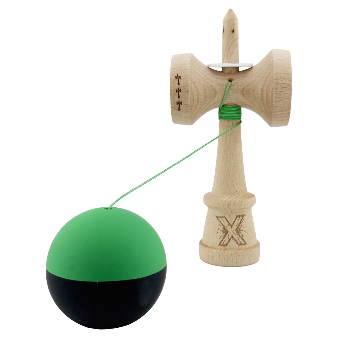 Kendama X Originala, Profesionala, Flippy, Cupe Mari KING SIZE V3, Rubber Grip, Gaura in Baza, Rulment Metalic, din lemn 18 cm, Ata 62/65 cm, Bicolor Verde/Negru