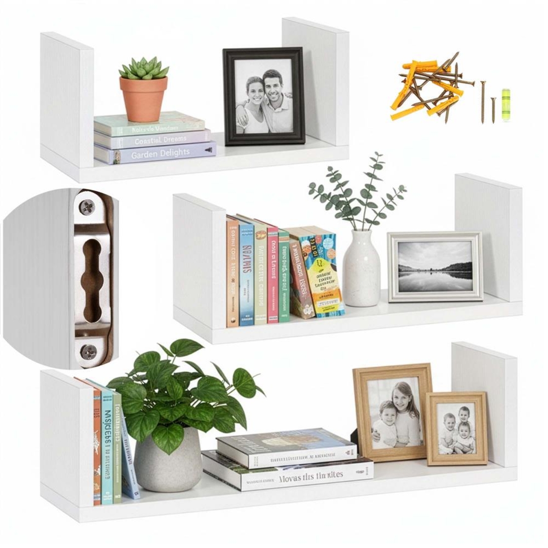 Set 3 rafturi de perete din MDF pentru decor si organizare, 30, 45 si 60 cm, alb