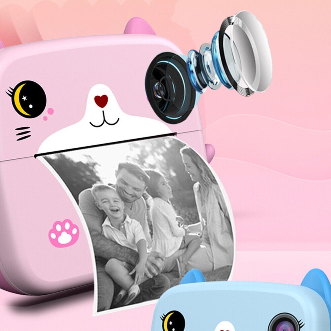 Camera Instantanee pentru Copii, Flippy, cu Functie de Printare, Camera Frontala + Selfie, Cablu USB-C, Bluetooth, Compatibil iOS/Android, Imprimare APP, Model Pisica, Roz