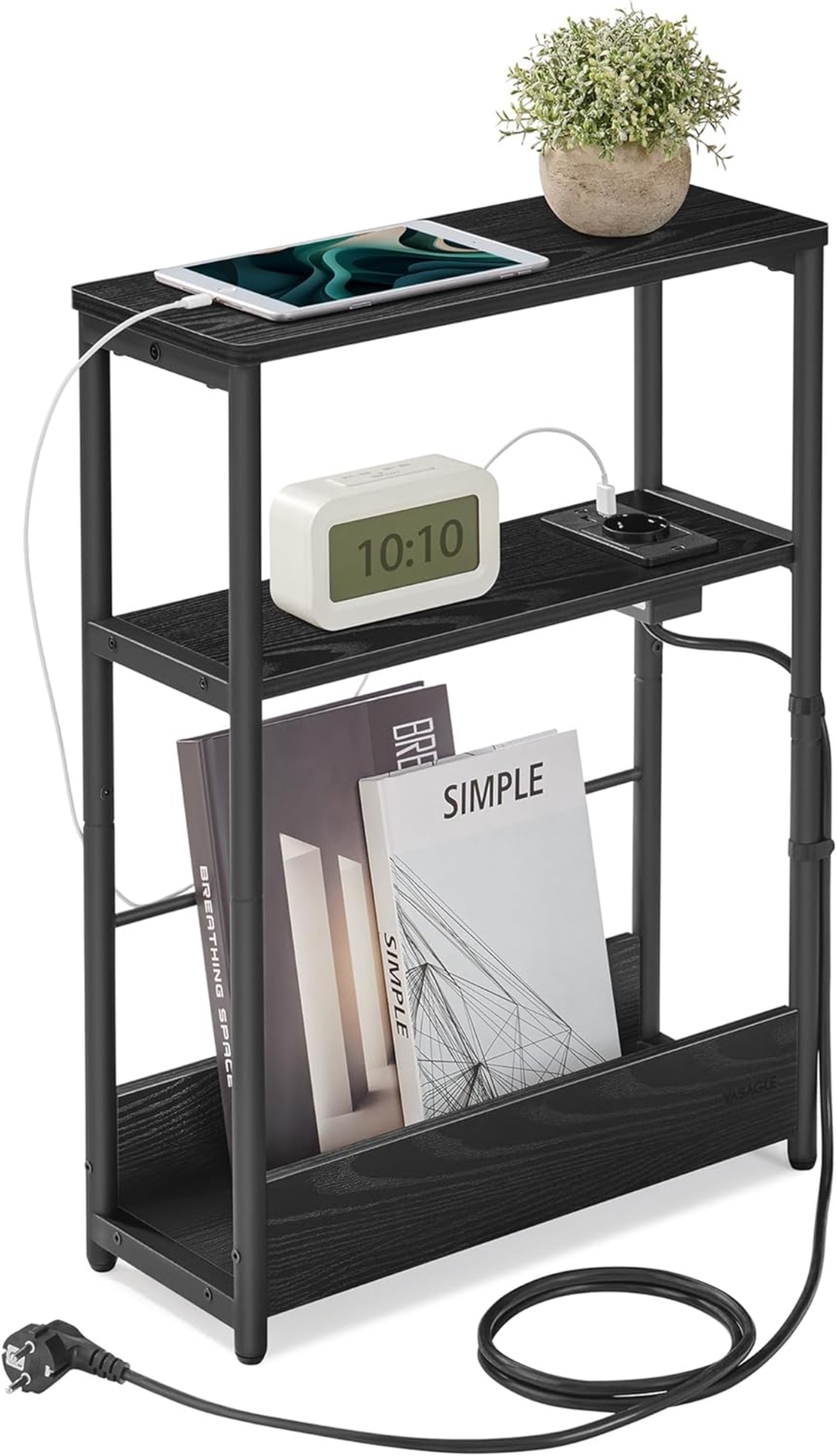 VASAGLE Masuta ingusta cu priza si porturi de incarcare USB, 3 rafturi, 45x18x58 cm, negru