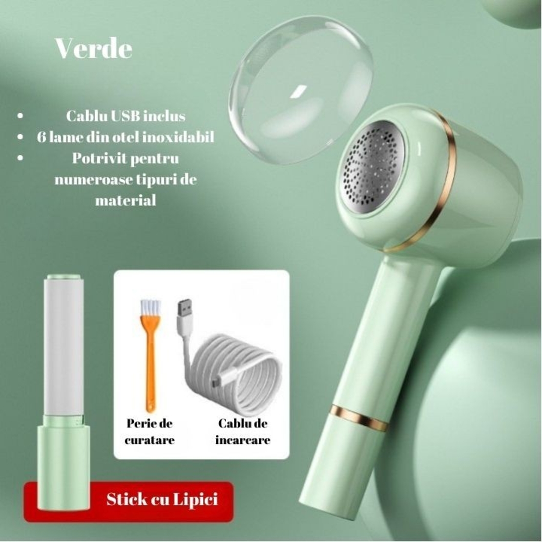 Aparat Pentru Curatat Scame, Par Si Praf, Vafy, Pentru Diferite Tipuri De Material, Cu Lame Din Otel Inoxidabil, Incarcare Prin USB Type-C, Cu Perie De Curatare, Cablu USB Si Stick Cu Lipici Incluse, Verde, 220 x 86 mm
