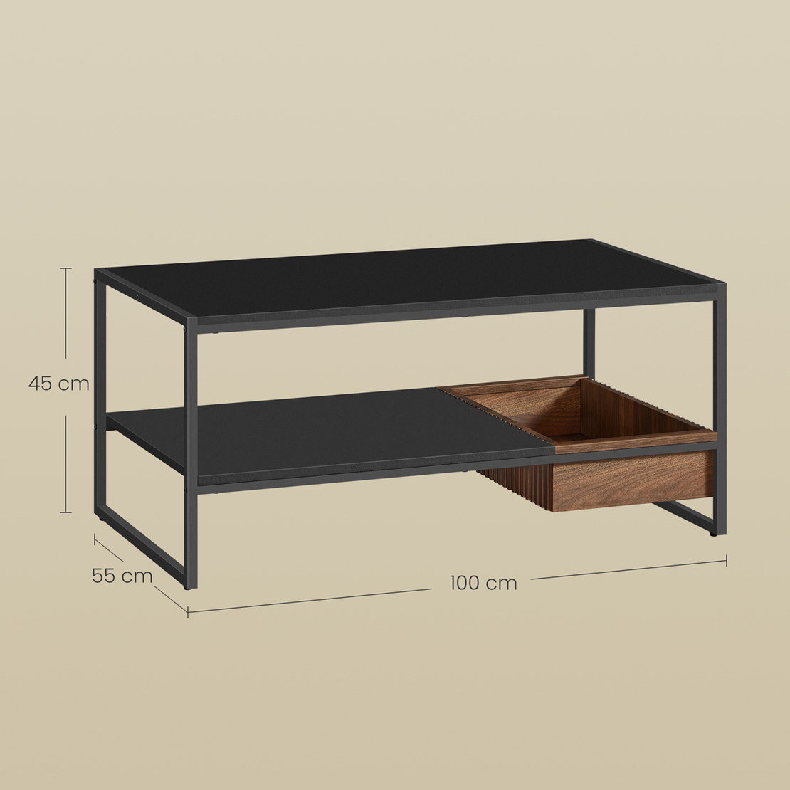 VASAGLE Masuta cafea cu sertar si raft inferior, structura otel, 100x55x45 cm, negru