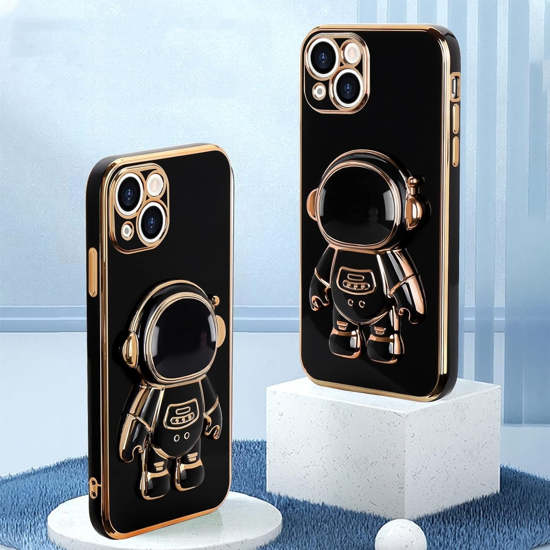Husa de Protectie TPU 2in1, Vafy, pentru Apple iPhone 15, Astronaut cu Suport, Antisoc, Rezistenta la Impact, Protectie Camera, Negru