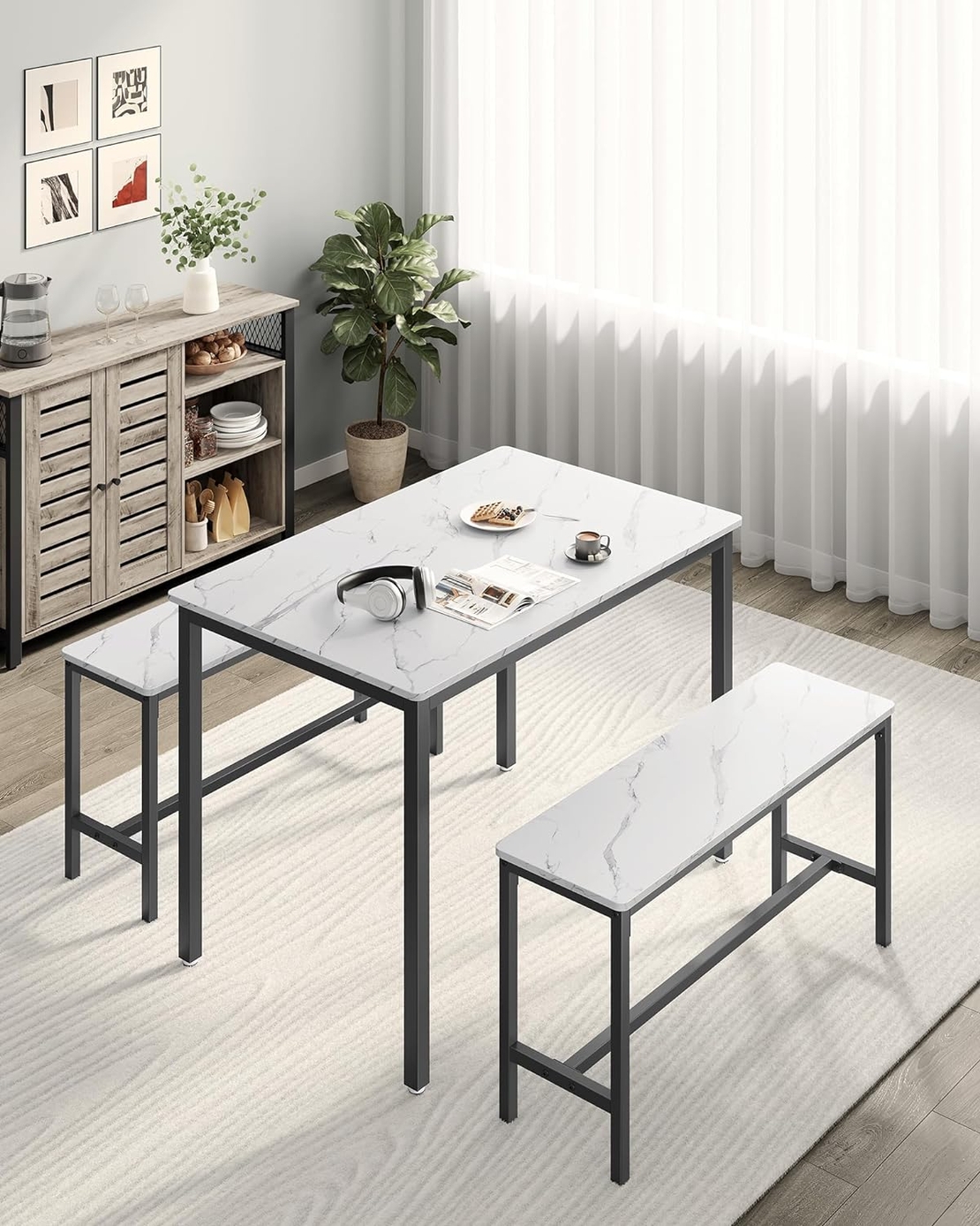 VASAGLE Masa de bar cu 2 banci, design industrial, 110x70x75 cm, alb marmura