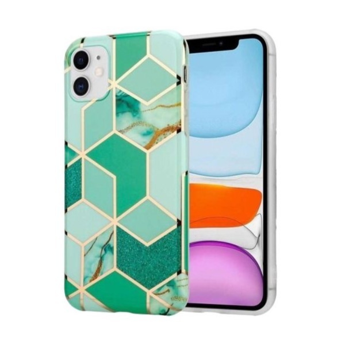 Husa protectie Vafy compatibila cu Apple iPhone 12 Soft IMD TPU Marble Geometric Verde