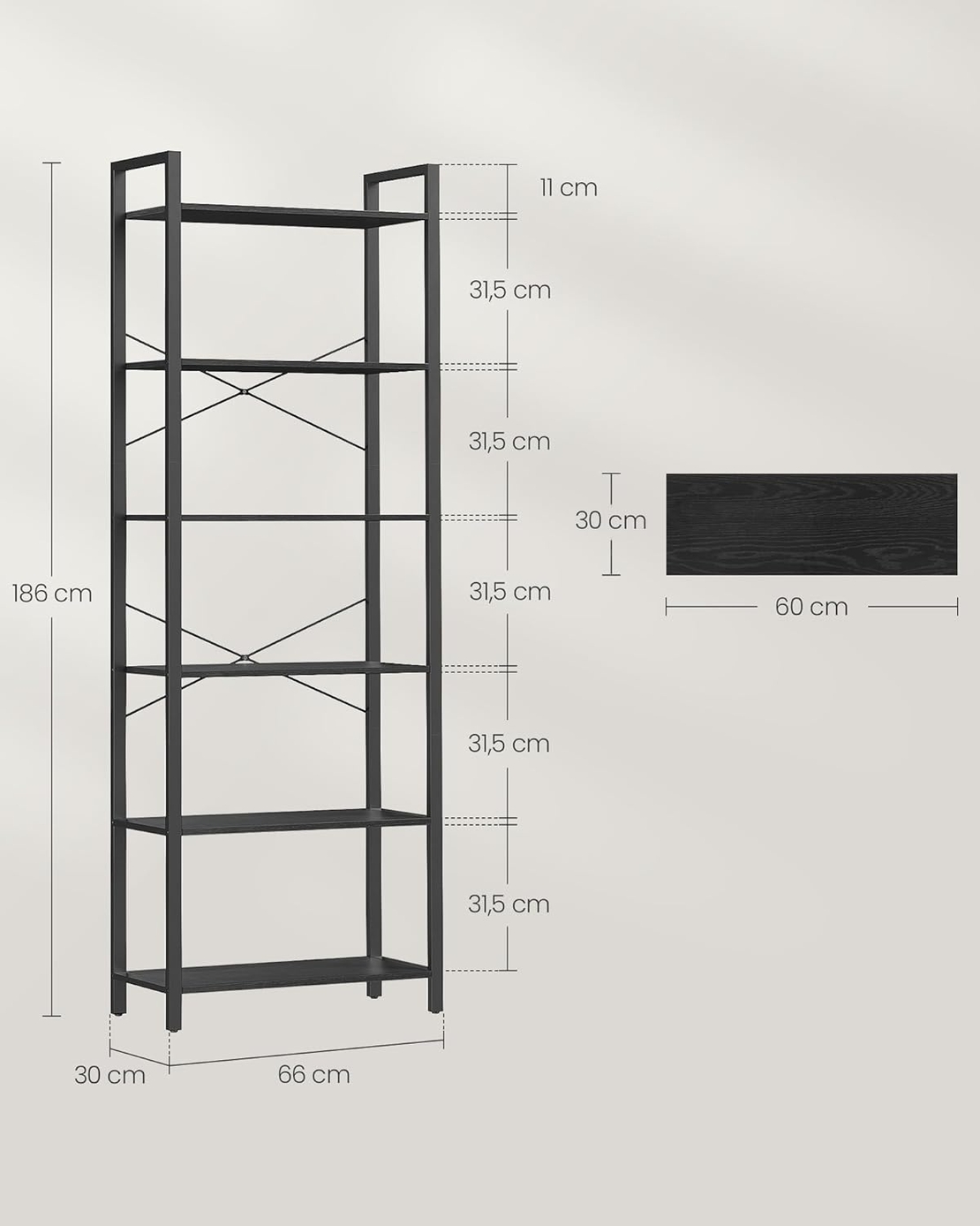 VASAGLE Biblioteca 6 niveluri, cu cadru metalic si rafturi PAL, 66x30x186 cm, negru