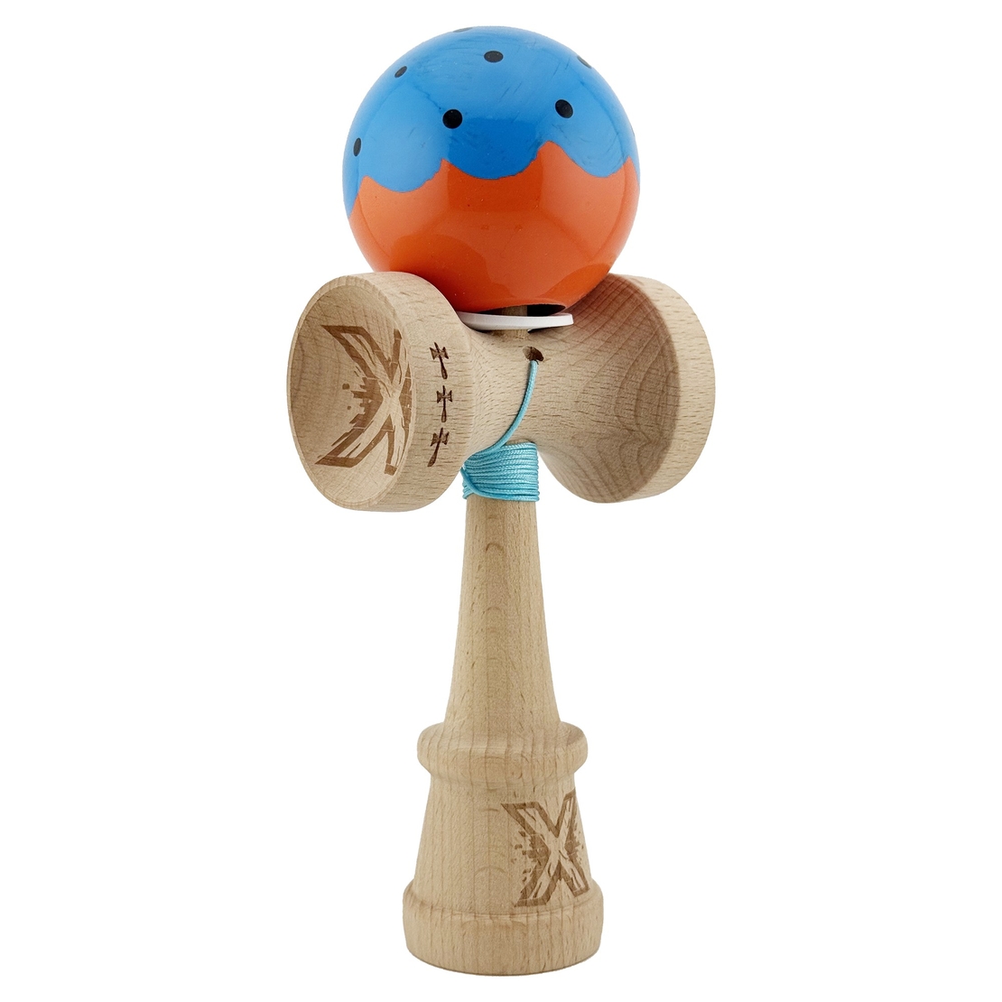 Kendama X Originala, Profesionala, Flippy, Super Sticky cu Cupe Mari KING SIZE V3, Gaura in Baza, Rulment Metalic, din lemn 18 cm, Ata 62/65 cm, Special Albastru/Portocaliu