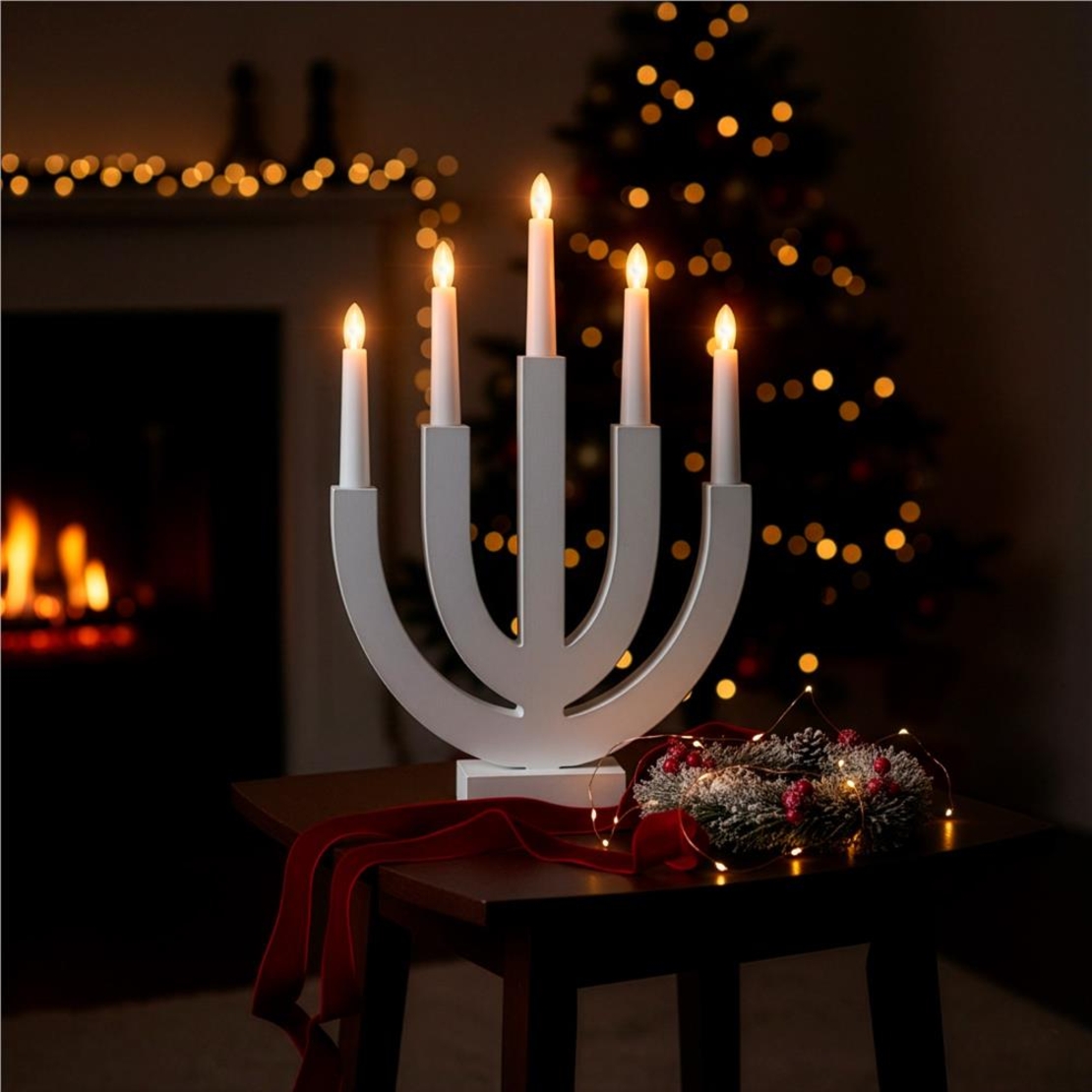 Decoratiune luminoasa tip sfesnic, din lemn, 39 cm, lumina calda, alimentare cu baterii, alb