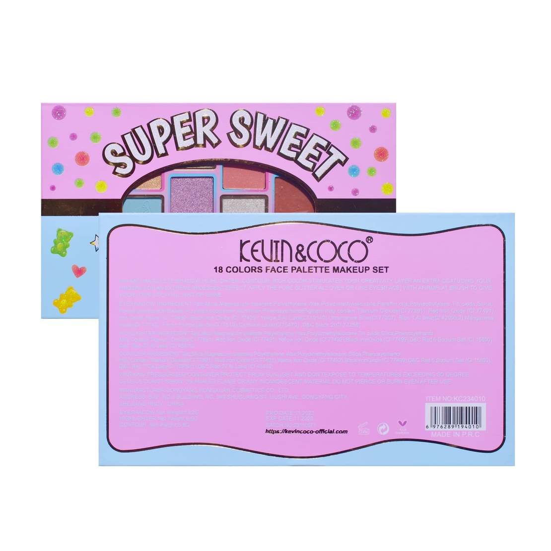 Palete de Machiaj, KEVIN & COCO, Pink Blue, Fard de Pleoape, 18 culori, 19.3 x 12 x 1.4 cm