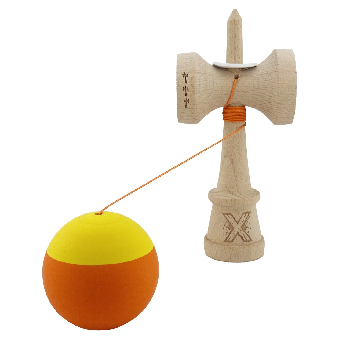 Kendama X Originala, Profesionala, Flippy, Rubber Grip, Cupe Mari KING SIZE V3, Gaura in Baza, Rulment Metalic, din lemn 18 cm, Ata 62/65 cm, Bicolor Galben/Portocaliu