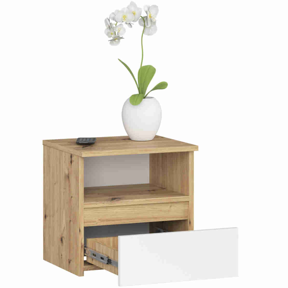 Noptiera cu 1 sertar, PAL laminat 16mm, 40x35x40 cm, stejar artisan si alb