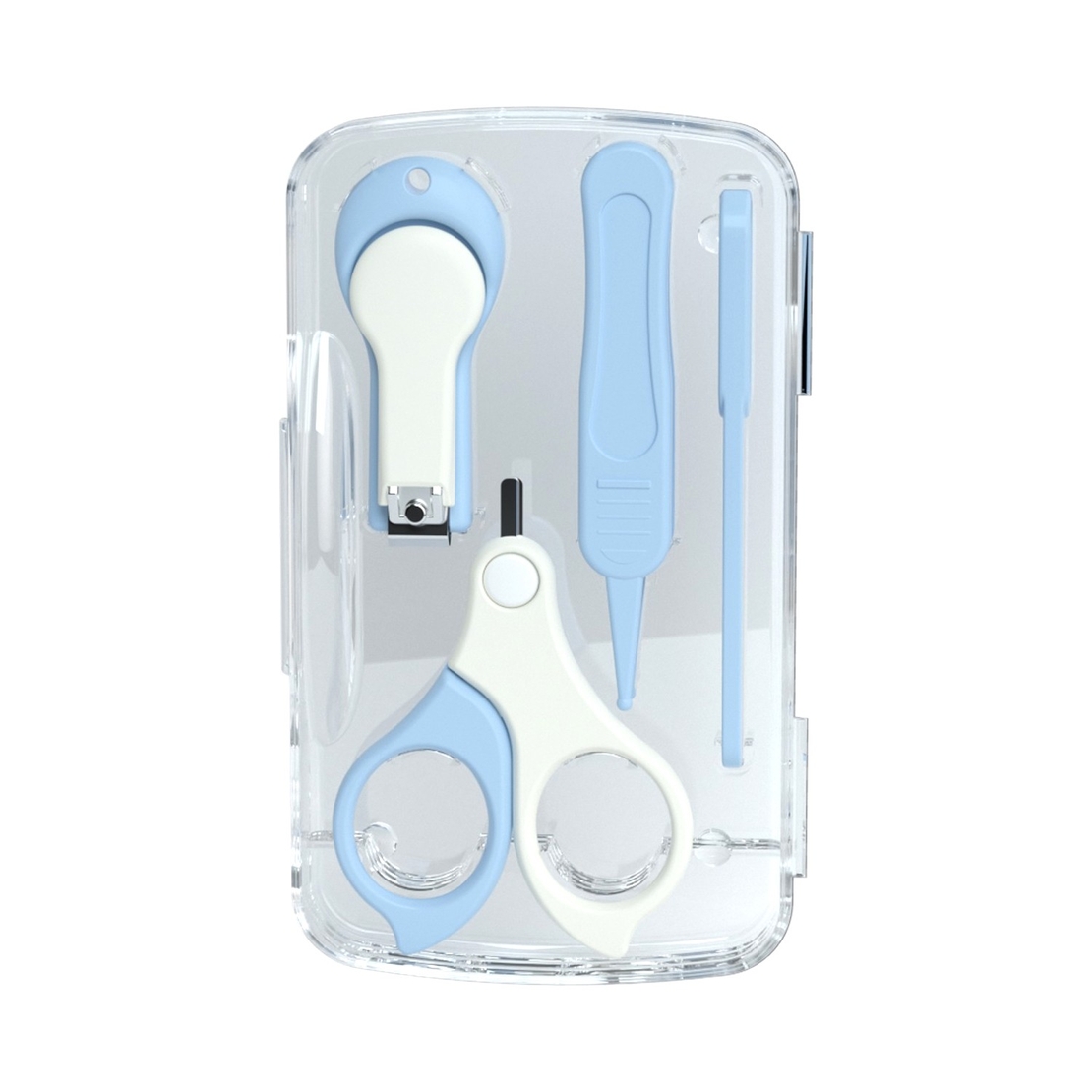 Set 4in1 de Ingrijire Unghii pentru Bebelusi, Flippy, Cutie de Depozitare Transparenta, 0-6 Ani, 13.6x8x2 cm, Albastru Deschis