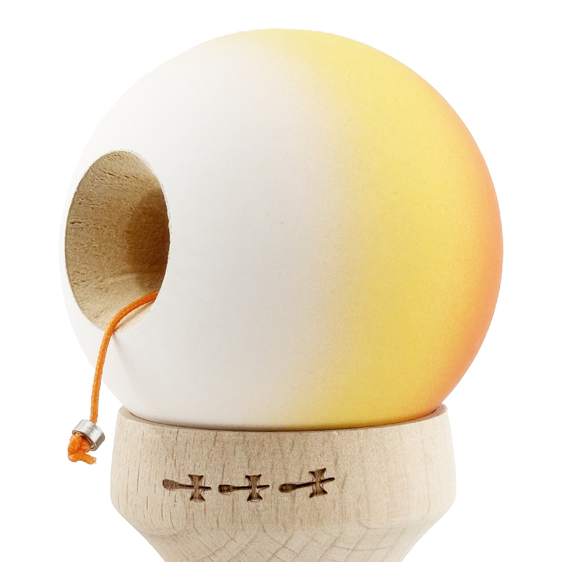 Kendama X Originala, Profesionala, Flippy, Cupe Mari KING SIZE V3, Rubber Grip, Gaura in Baza, Rulment Metalic, din lemn 18 cm, Ata 62/65 cm, Gradient Portocaliu/Galben/Alb