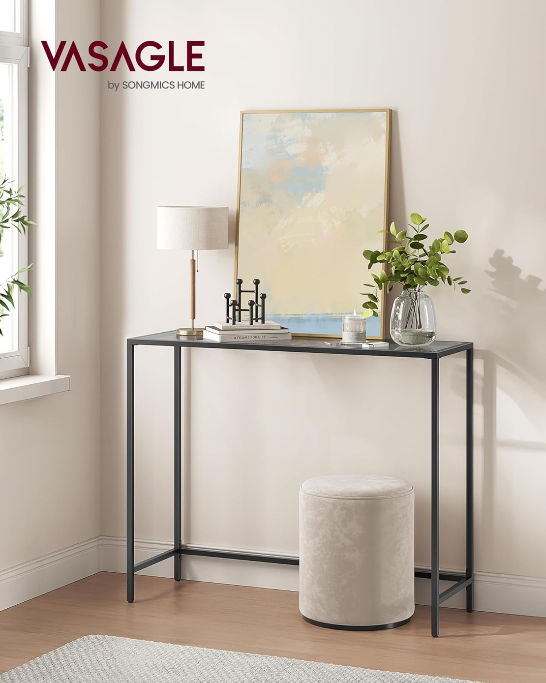 VASAGLE Masa consola 100x20x80 cm, blat sticla securizata si cadru metalic, negru