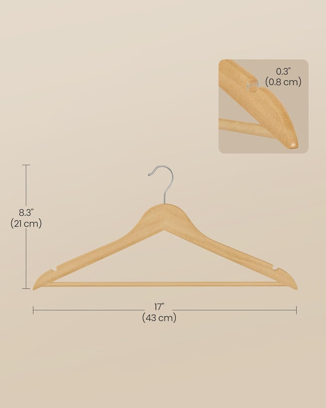 SONGMICS Set de 30 de umerase din lemn, carlige rotative 360°, cu bara pentru pantaloni, 43 cm, natur