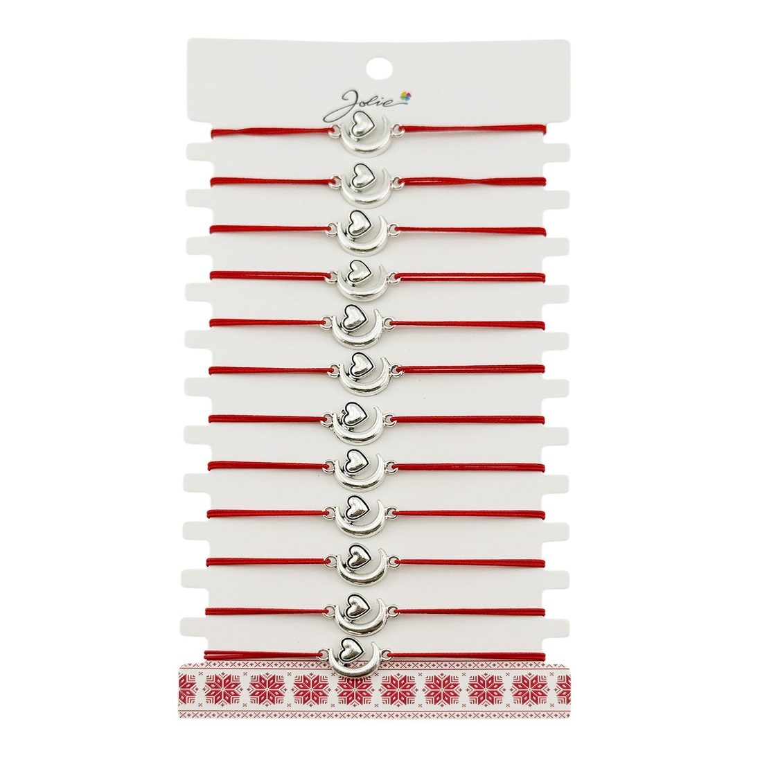 Martisor Bratara Elastica cu Pandantiv din Inox, Jolie, pentru Dama, Set 12 bucati, Snur Rosu Textil, Model Inima Luna