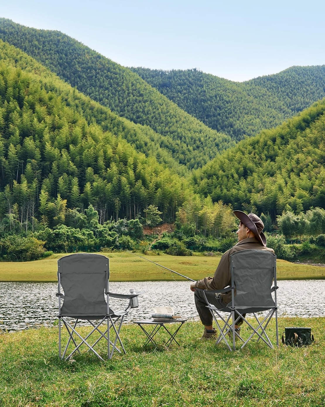 SONGMICS Set 2 scaune pliabile camping cu suport bauturi, husa transport, 150 kg, 54x86x97 cm, gri