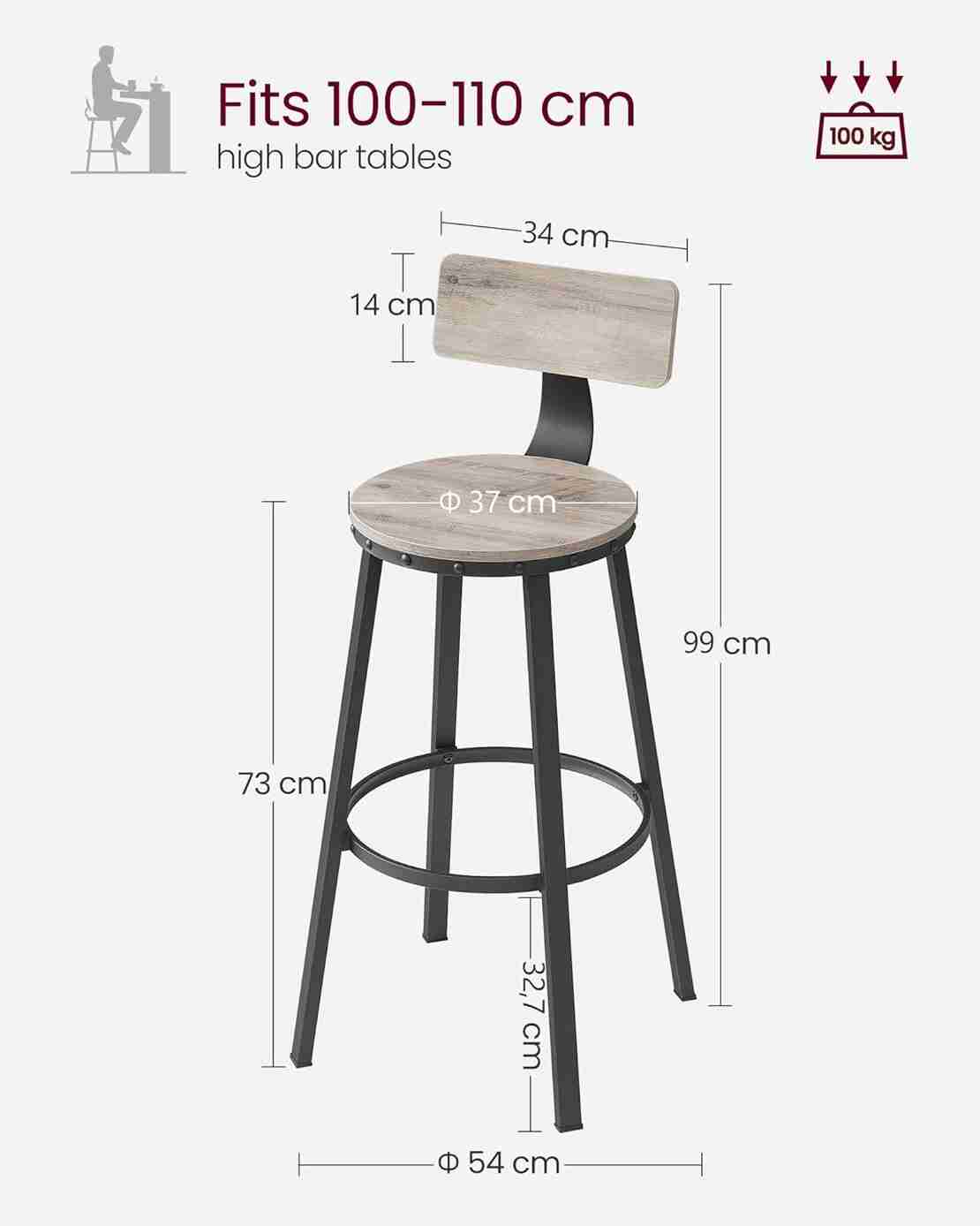 VASAGLE Set de 2 scaune de bar inalte cu spatar, cadru din otel, industrial, 54x99cm, gri stejar