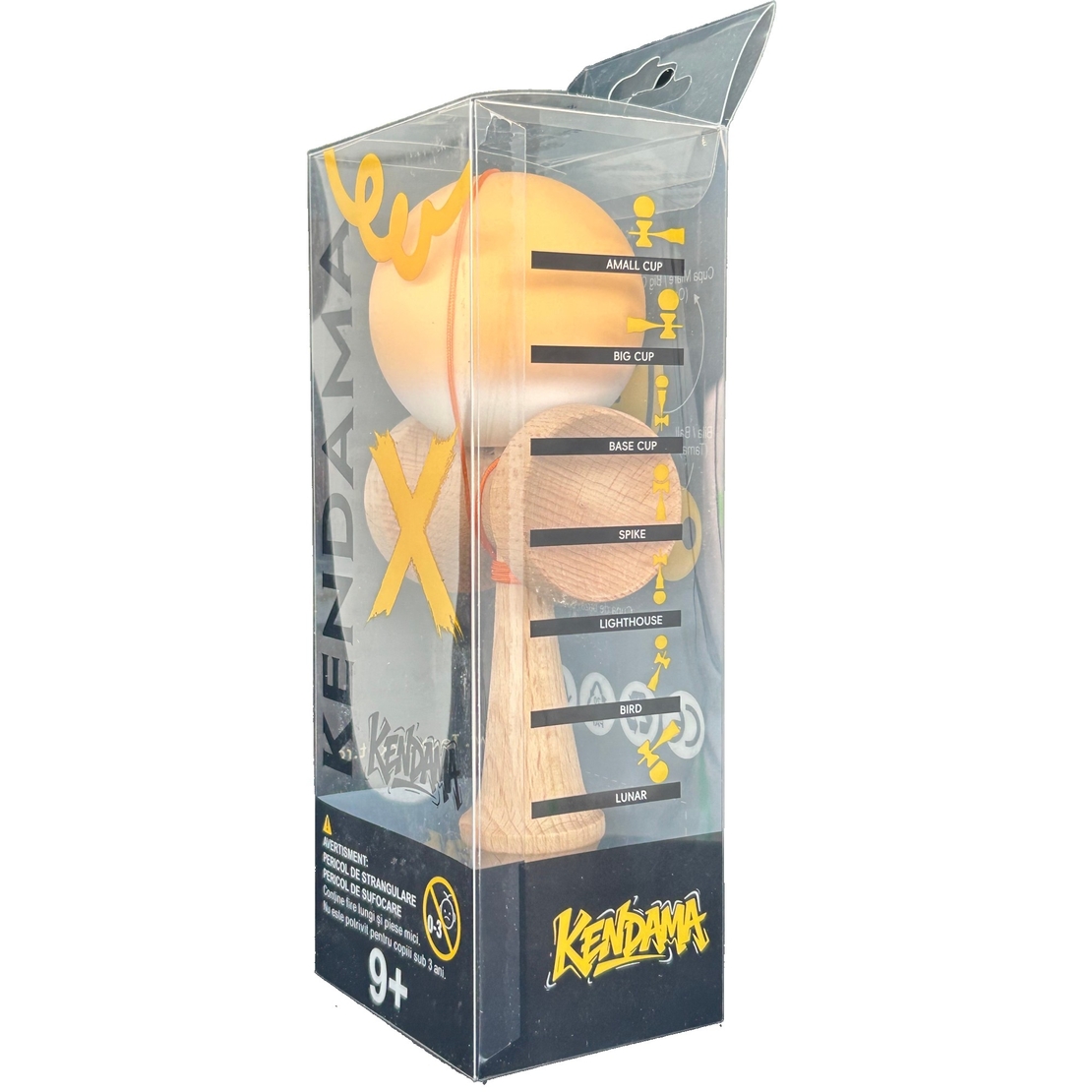 Kendama X Originala, Profesionala, Flippy, din Lemn cu Bila cu Invelis din Cauciuc, 18 x 6 x 7 cm, Rubber Grip, Portocaliu/Alb