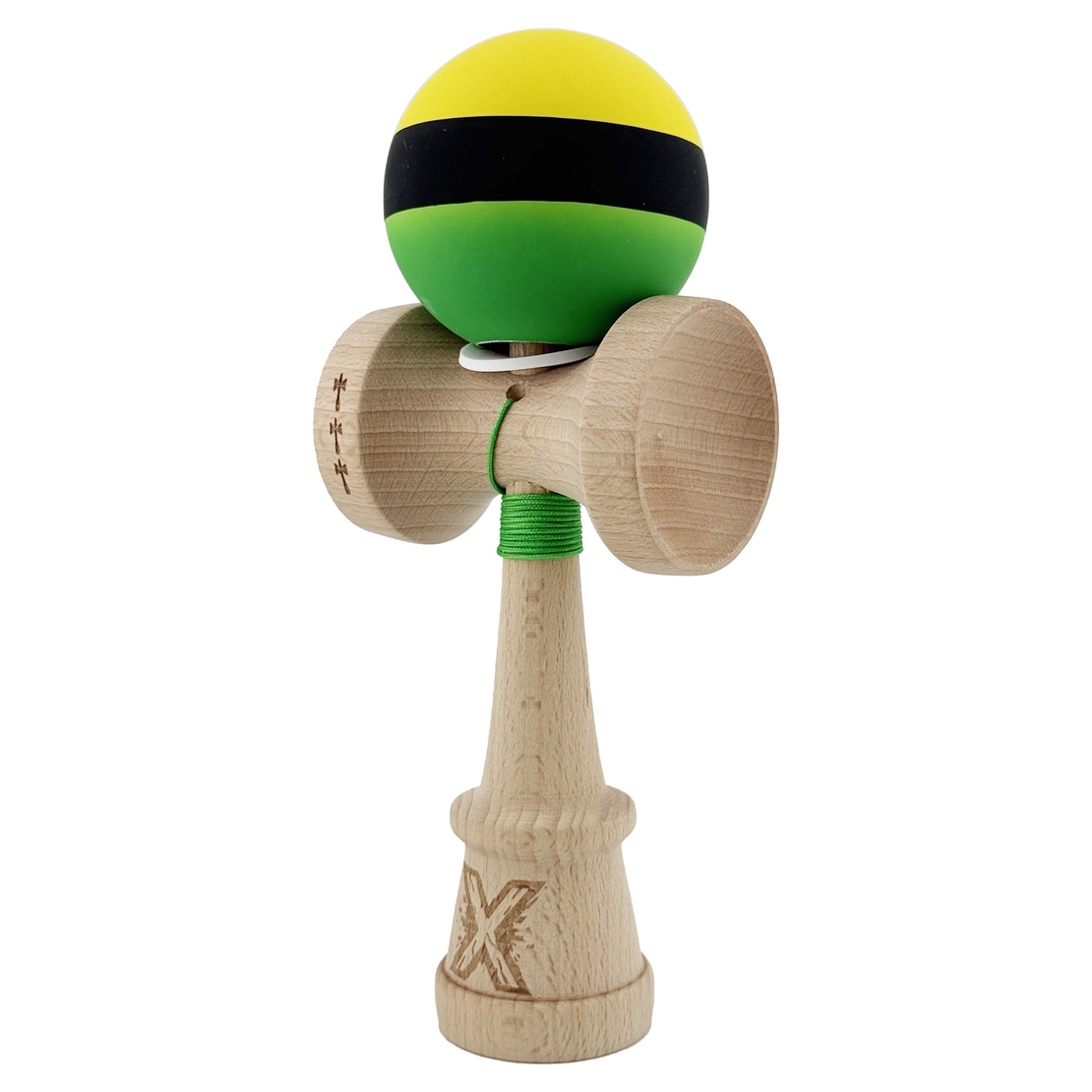 Kendama X Originala, Profesionala, Flippy, Cupe Mari KING SIZE V3, Rubber Grip, Gaura in Baza, Rulment Metalic, din lemn 18 cm, Ata 62/65 cm, M Galben/Negru/Verde