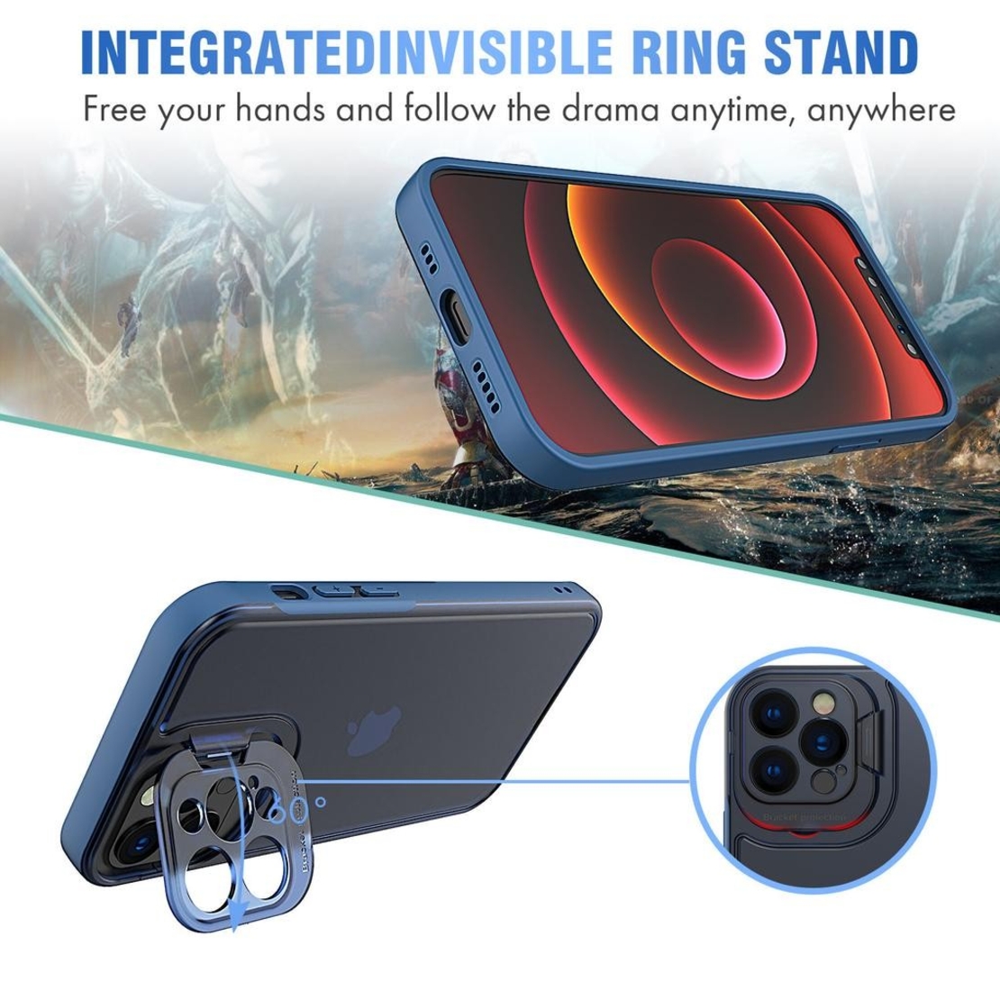 Husa de protectie pentru Apple iPhone 14, Vafy, Bracket series cu suport si protectie pentru camera, Albastru