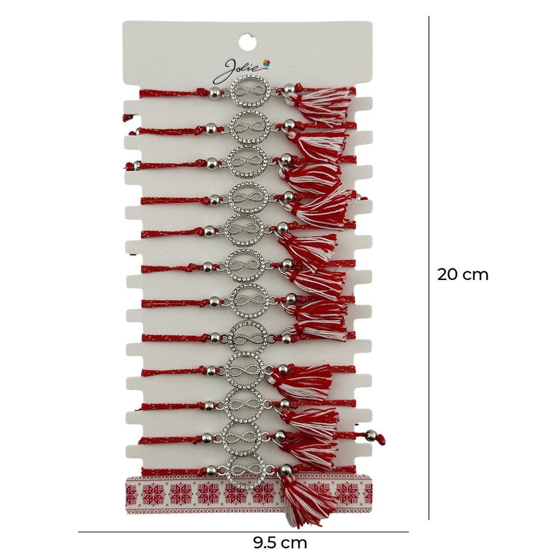 Martisor Bratara cu Ciucure pentru Dama, Jolie, Model Cerc Infinit, Set 12 bucati, Pandativ din Inox cu Pietre, Snur Reglabil, Rosu/Alb