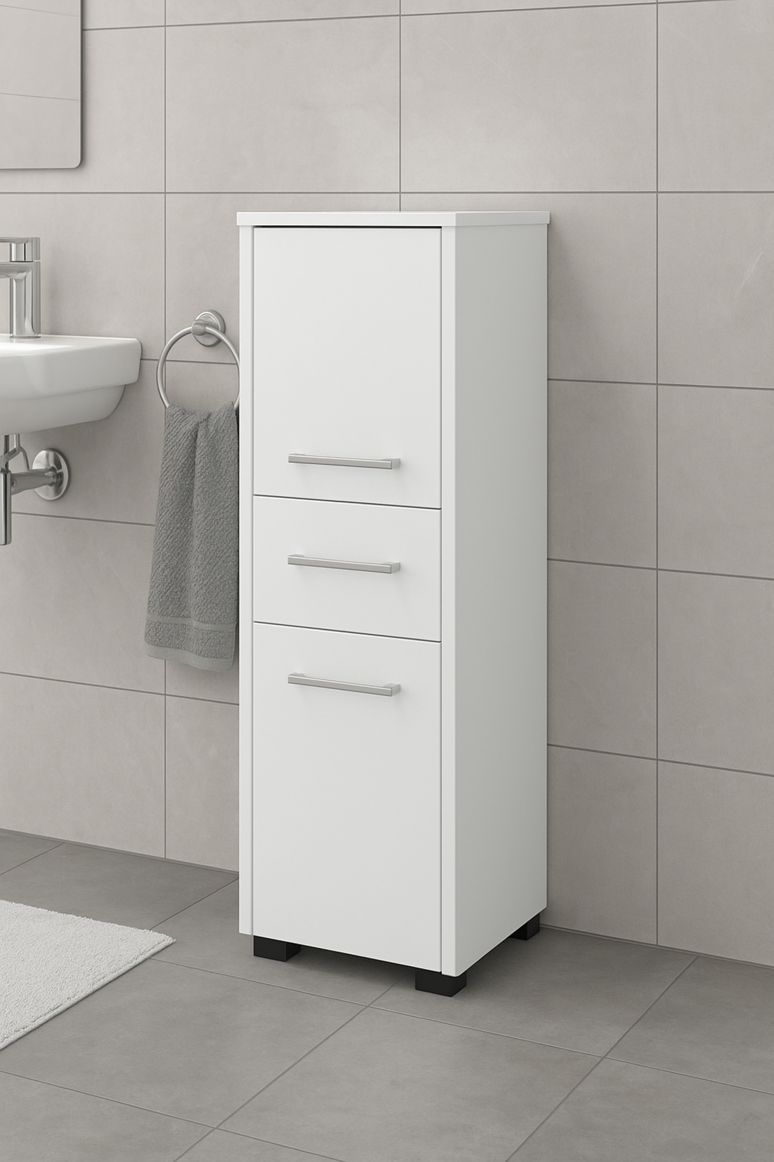 Dulap baie tip coloana cu 2 usi si sertar, PAL laminat, 30x30x85 cm, alb mat