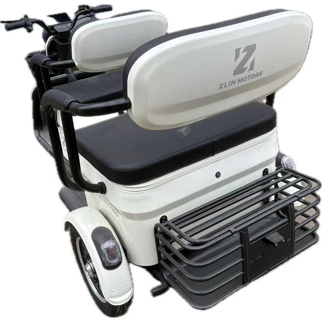Triciclu Electric V6, Saige, Fara Permis, cu Doua Locuri, Motor 1800W, Baterie 72V24Ah, Autonomie 60km, 220x88x105 cm, Viteza Maxima 25km/h, Alb