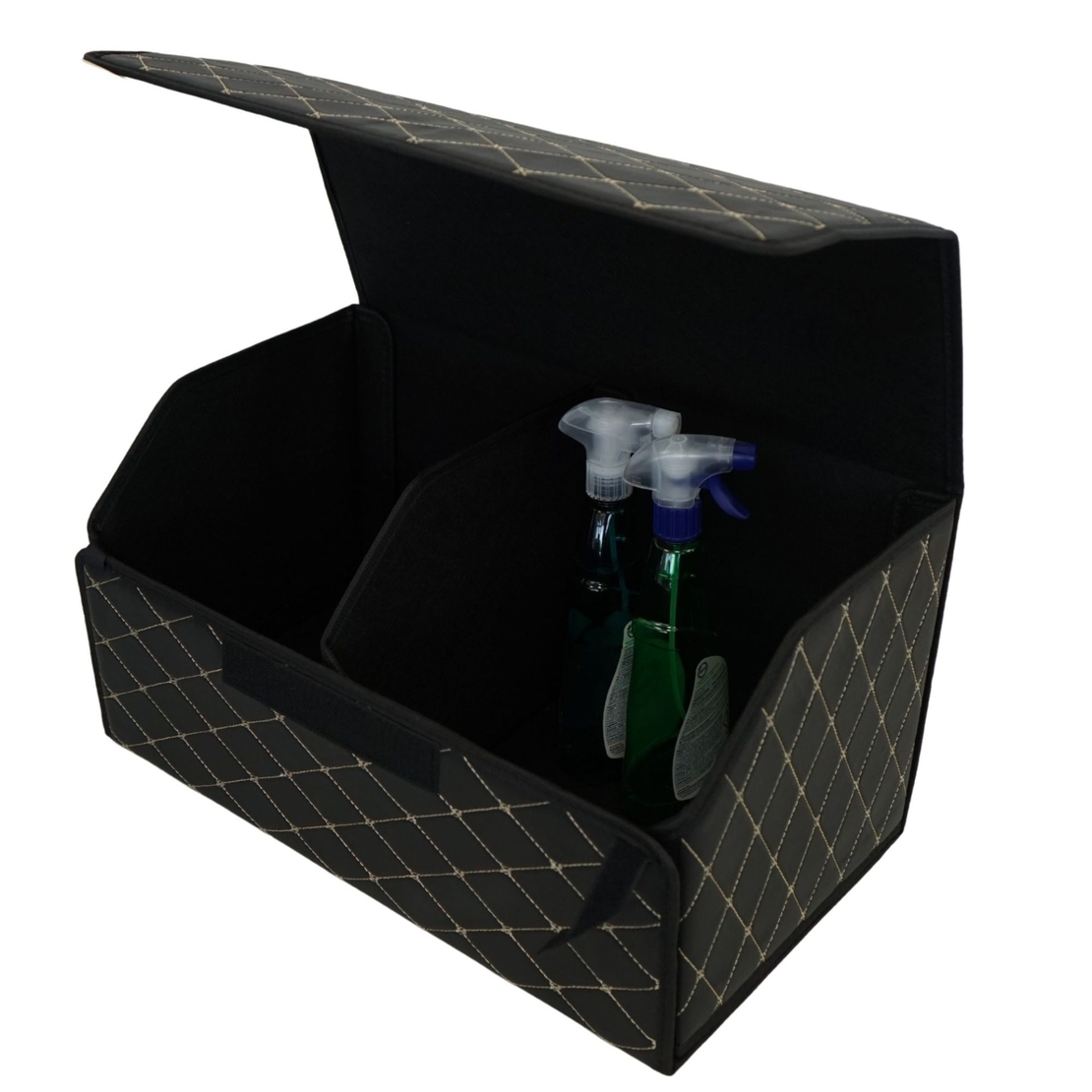 Cutie de Depozitare Auto, Flippy, Organizator Premium Portbagaj, Geanta Multifunctionala, Piele Ecologica, Pliabil si Rezistent la Uzura, 2 Compartimente Depozitare, Pliabil si Rezistent la Uzura, Negru/Alb, 55 x 30 x 30cm