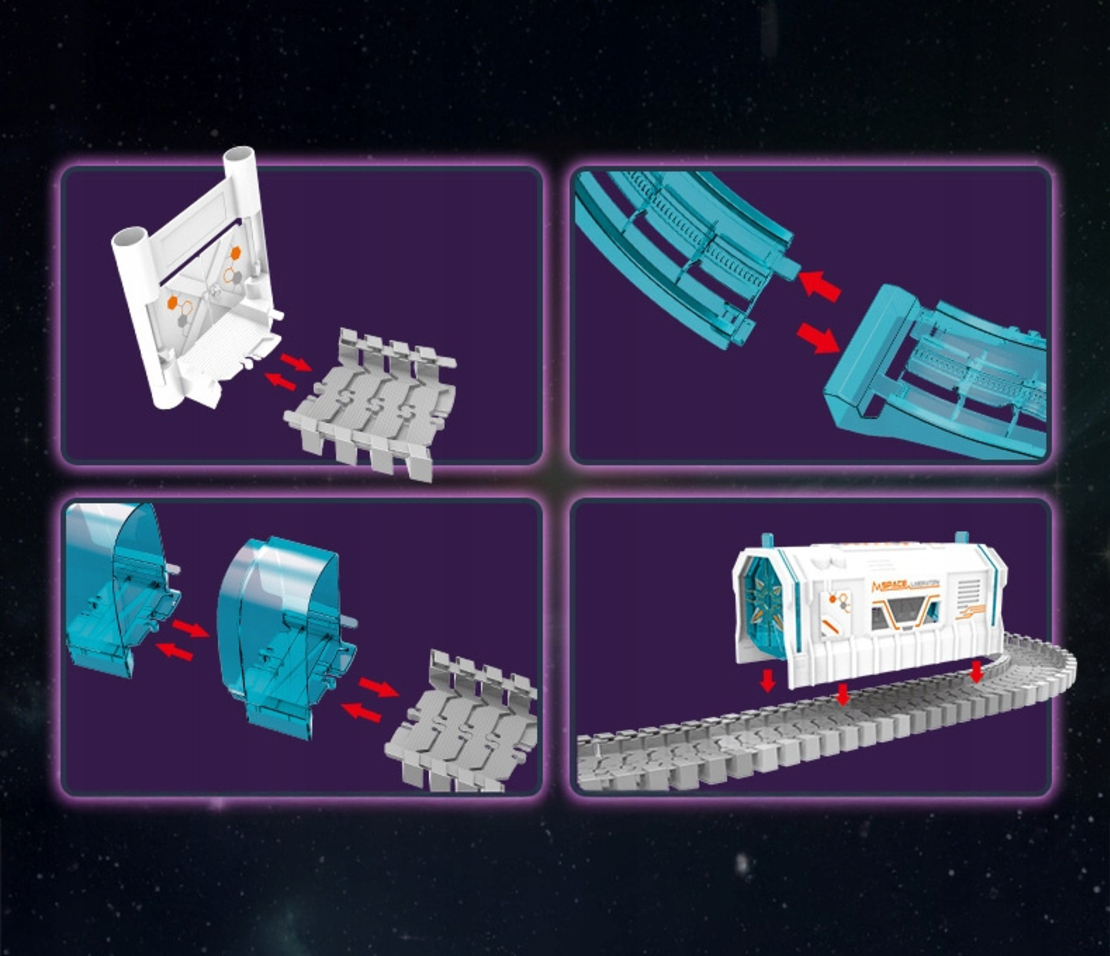 Set constructii traseu auto spatial pentru copii cu 205 piese, astronauti, vehicul electric si proiectie, 46x31x11 cm