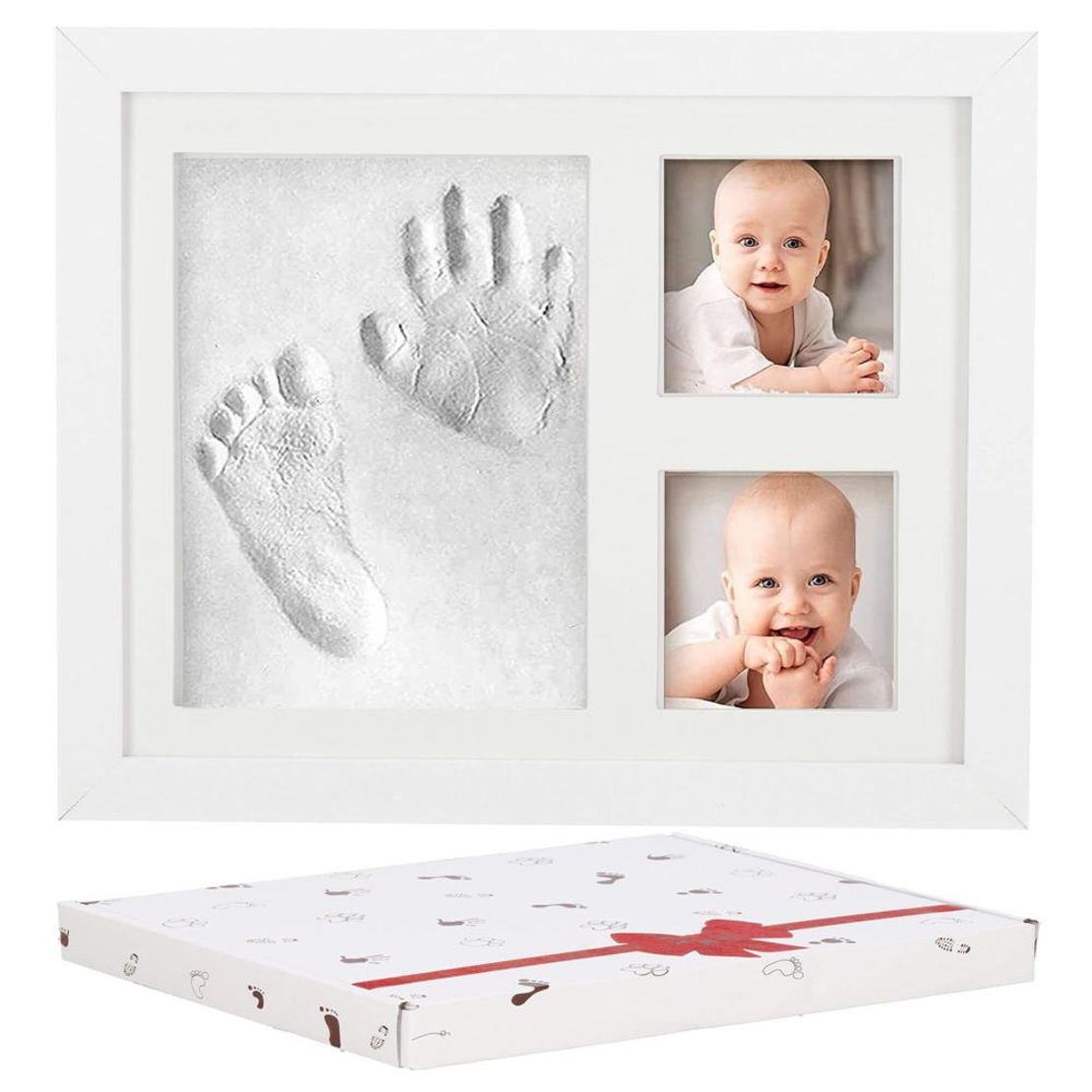 Kit amprenta mulaj manuta sau piciorus bebe si rama foto, 23x28cm, cu cutie de cadou, cadrul alb