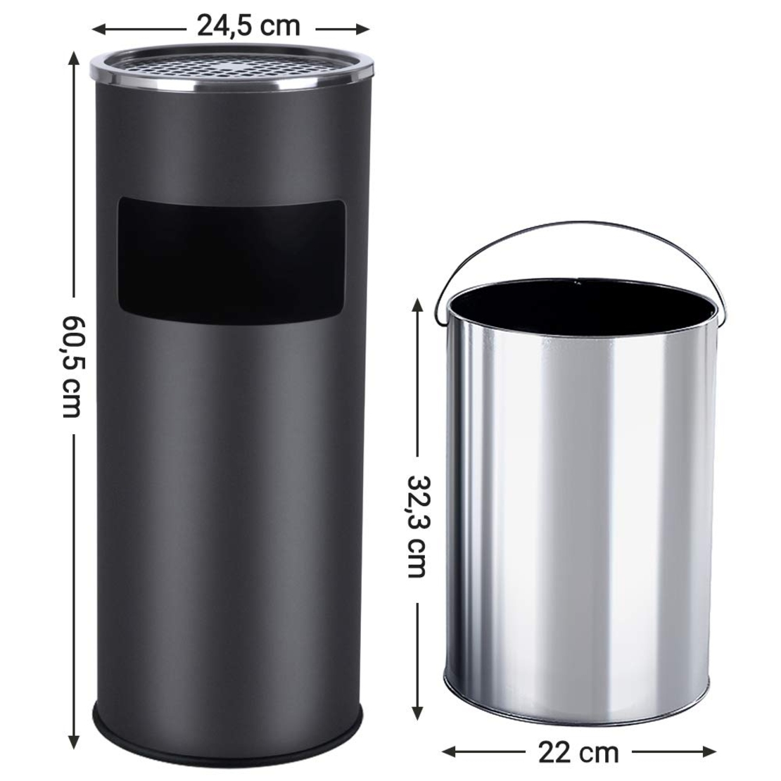 SONGMICS Cos de gunoi cu scumiera pentru exterior, din inox, galeata interioara detasabila, tip stativ, 61x25 cm, negru